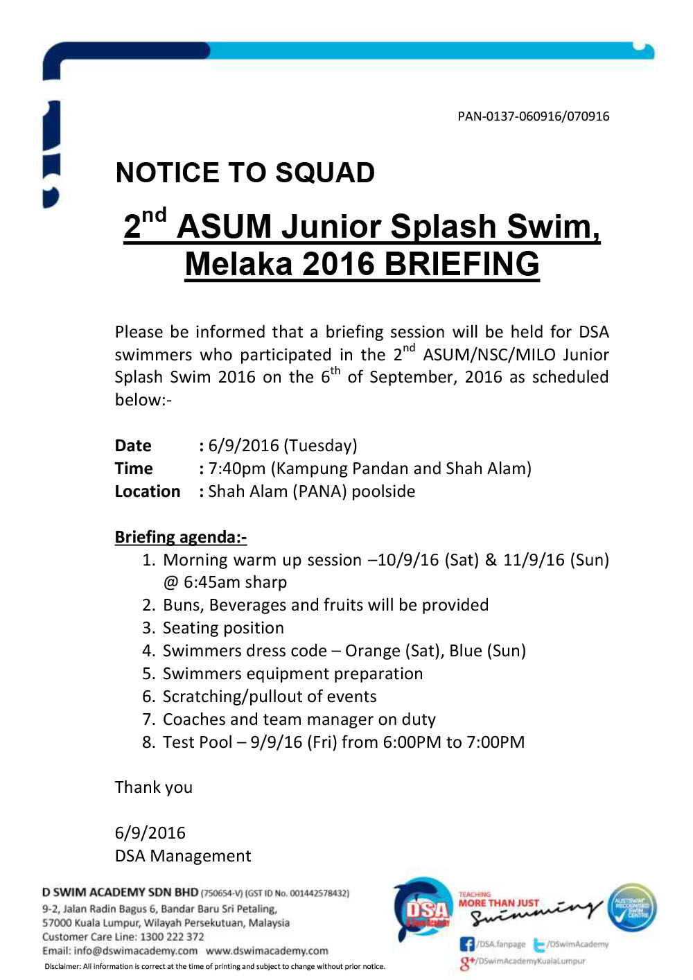 2nd ASUM Junior Splash Swim 2016 - Team Briefing Notice