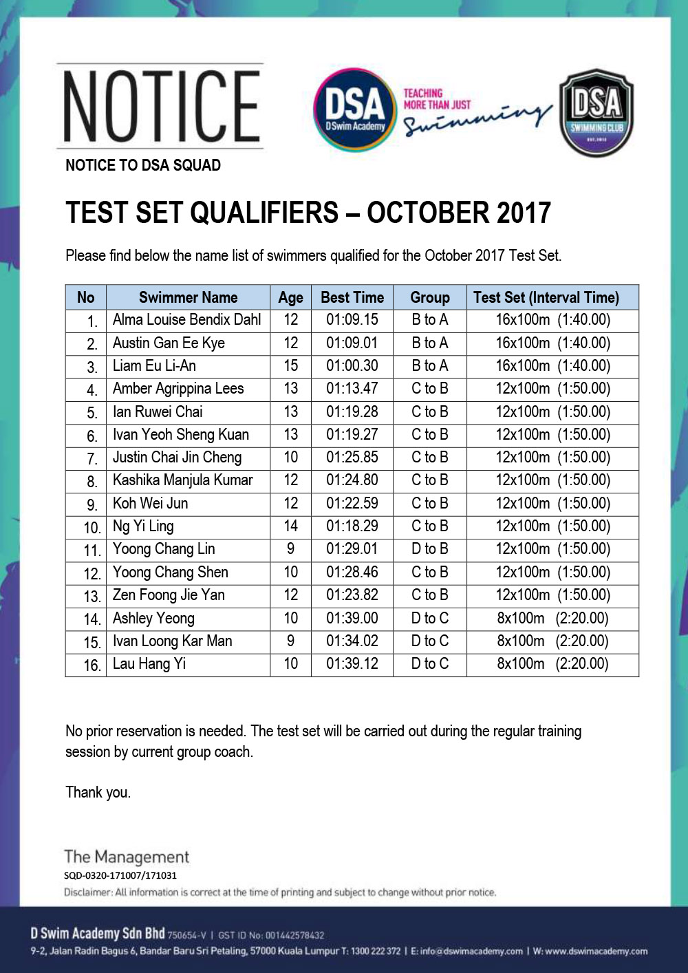 DSA Swim Team Test Set Qualifiers DSA Swim Team D Swim Academy