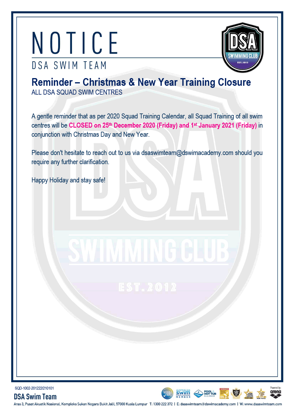 Christmas & New Year Training Closure