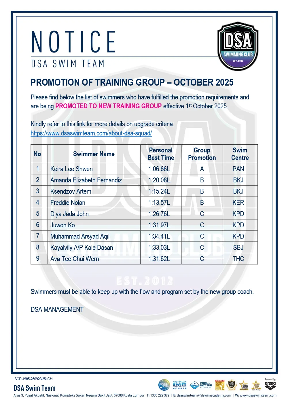 Promotion of Training Groups - October 2025