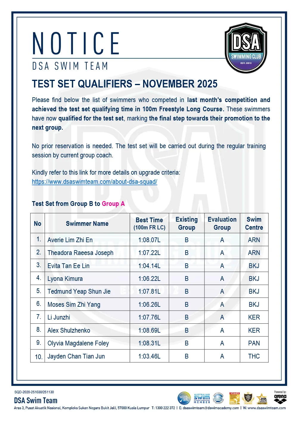 DSA Swim Team Test Set Qualifiers - November 2025