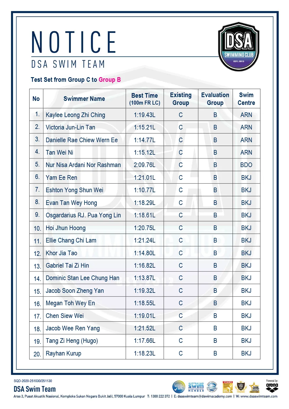 DSA Swim Team Test Set Qualifiers - November 2025