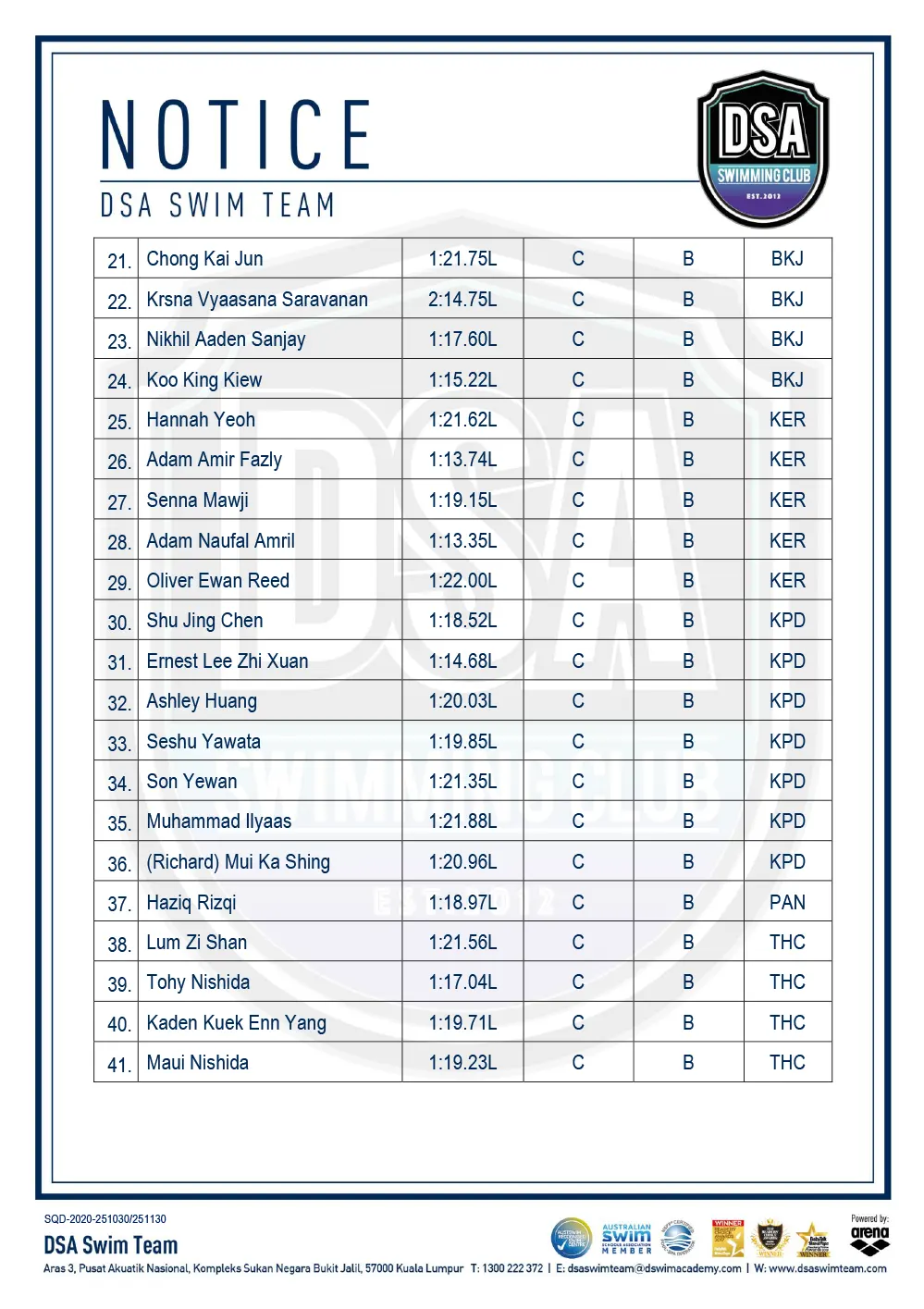 DSA Swim Team Test Set Qualifiers - November 2025