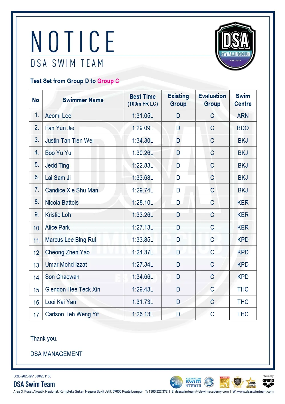 DSA Swim Team Test Set Qualifiers - November 2025